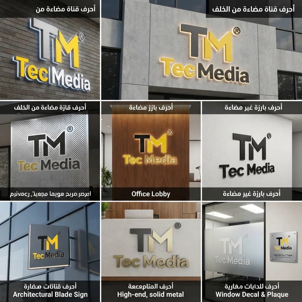 أنواع الحروف والواجهات: حروف قنوات مضاءة ومعدنية، ولوحات أبراج وواجهات معمارية بتشطيب عالٍ.