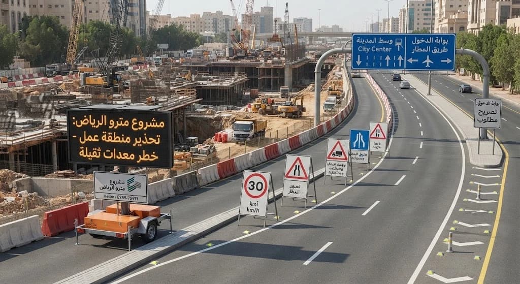 لوحات المشاريع الكبرى: لافتات مشاريع البنية التحتية وتحويلات الطرق بمواصفات السلامة.