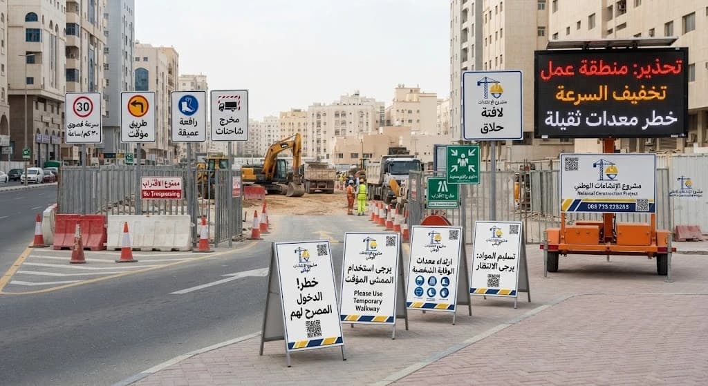 لوحات السلامة ومواقع العمل: لوحات تحذيرية وإرشادية لمواقع المشاريع والطرق، واضحة ليلاً ونهاراً.