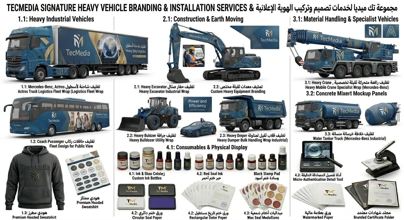 الشاحنات والآليات الثقيلة: مساحات إعلانية ضخمة على الشاحنات والحافلات وآليات البناء والرافعات.