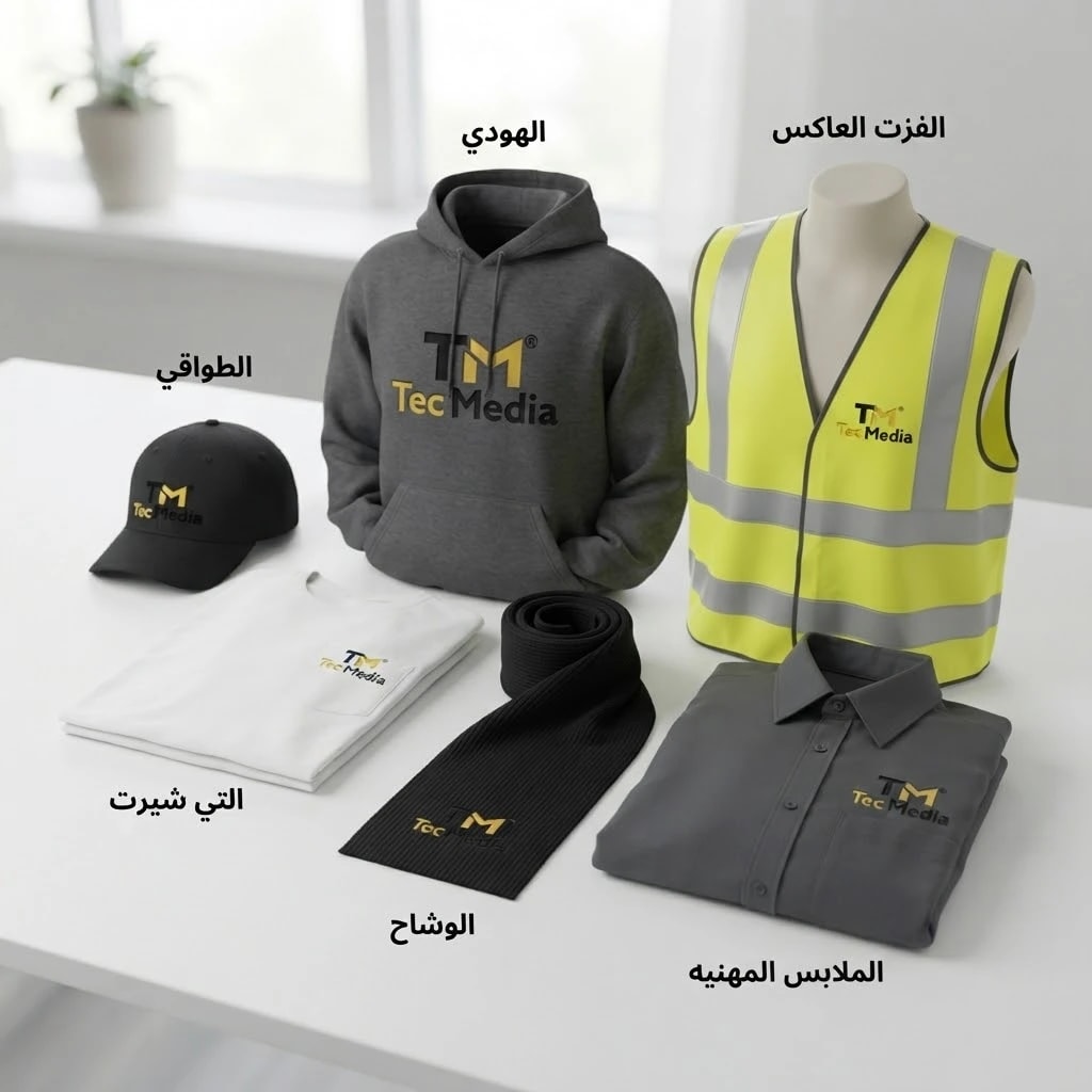 الملابس والزي الموحد: قبعات وهوديات وتيشيرتات وقمصان عمل وسترات سلامة بشعارك.