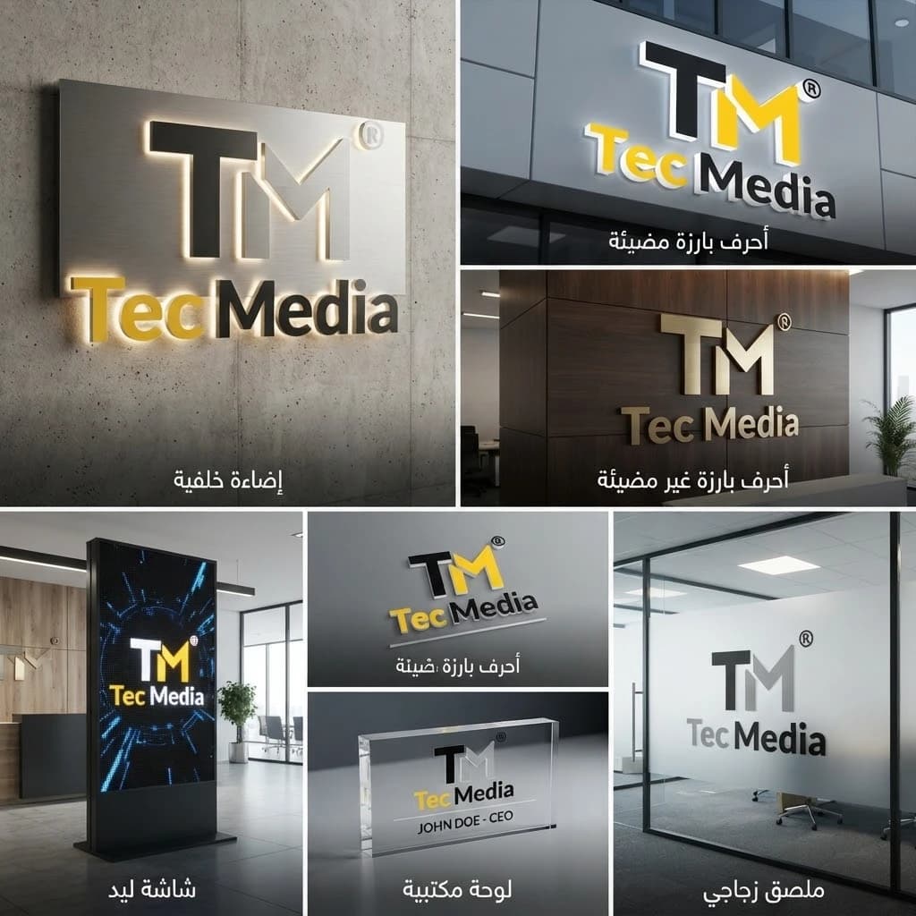 حروف بارزة مضيئة بشعار تك ميديا على واجهة